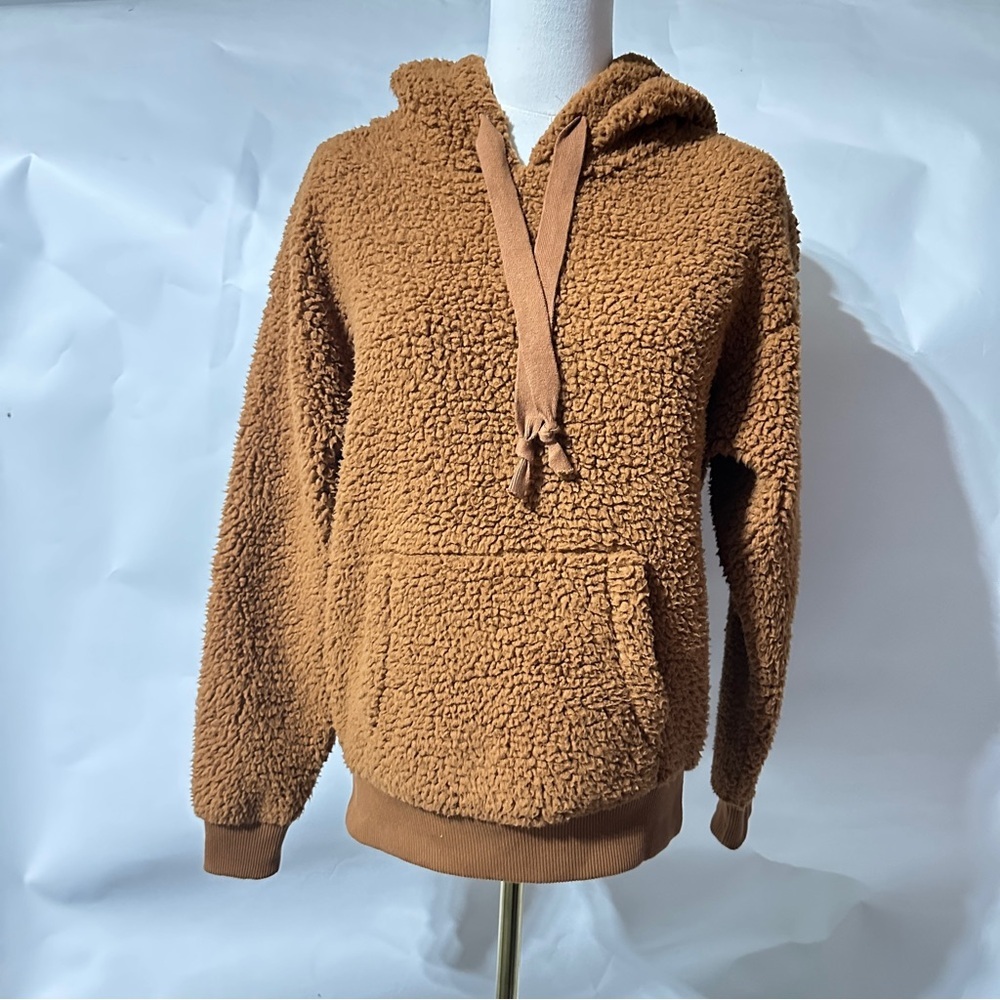 American Eagle Brown Sherpa Fleece Hoodie Kangaroo Pocket Women’s XS Cozy Soft